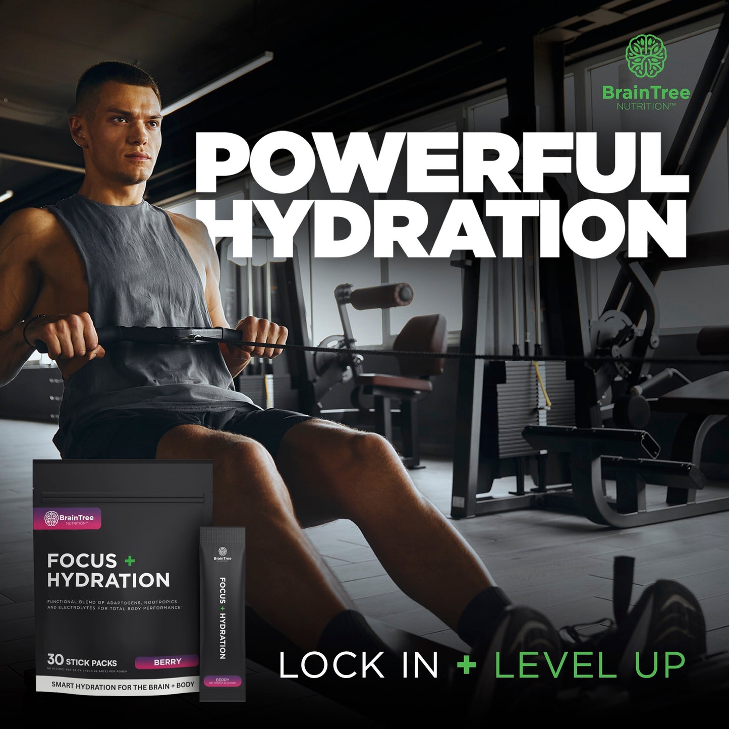 Man rowing supported by berry nootropic electrolyte drink for focus and hydration.