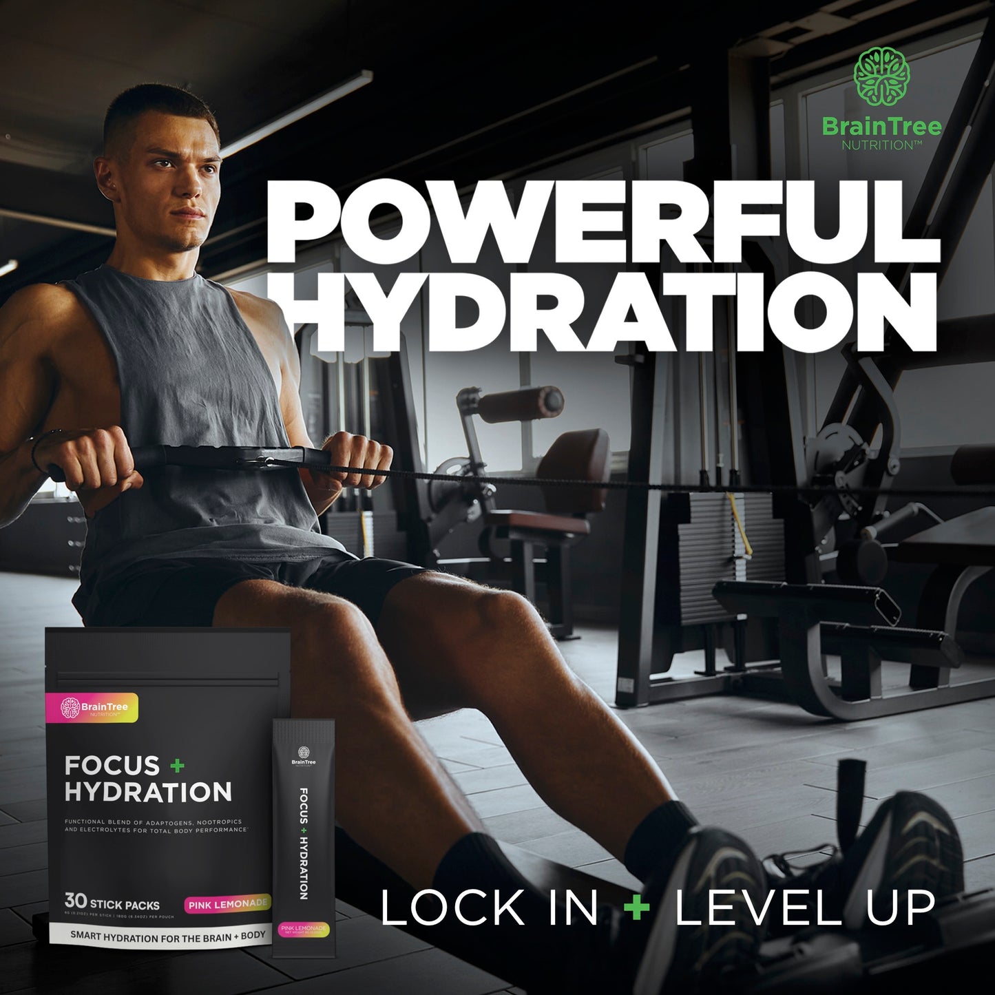 Man rowing using pink lemonade nootropic electrolyte drink for hydration and focus.