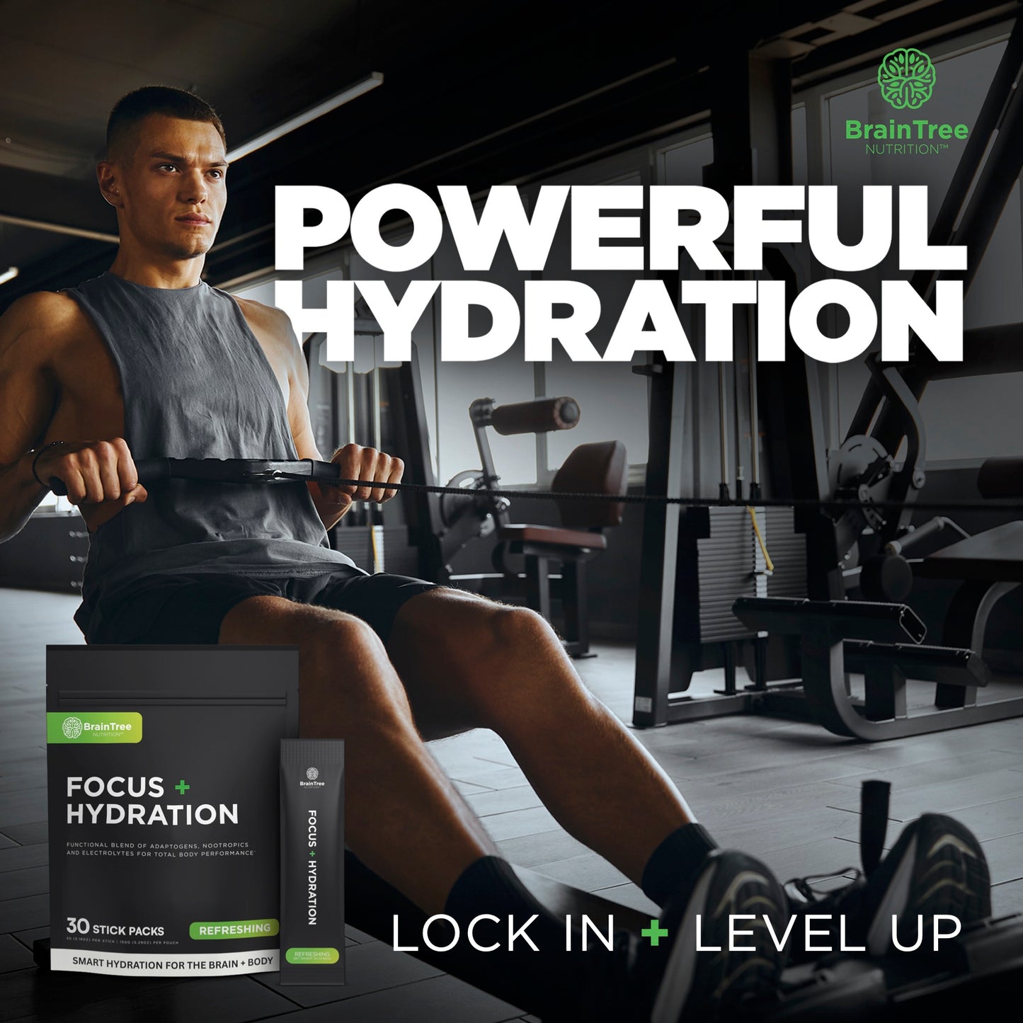 Man rowing supported by refreshing nootropic electrolyte drink for hydration and focus.