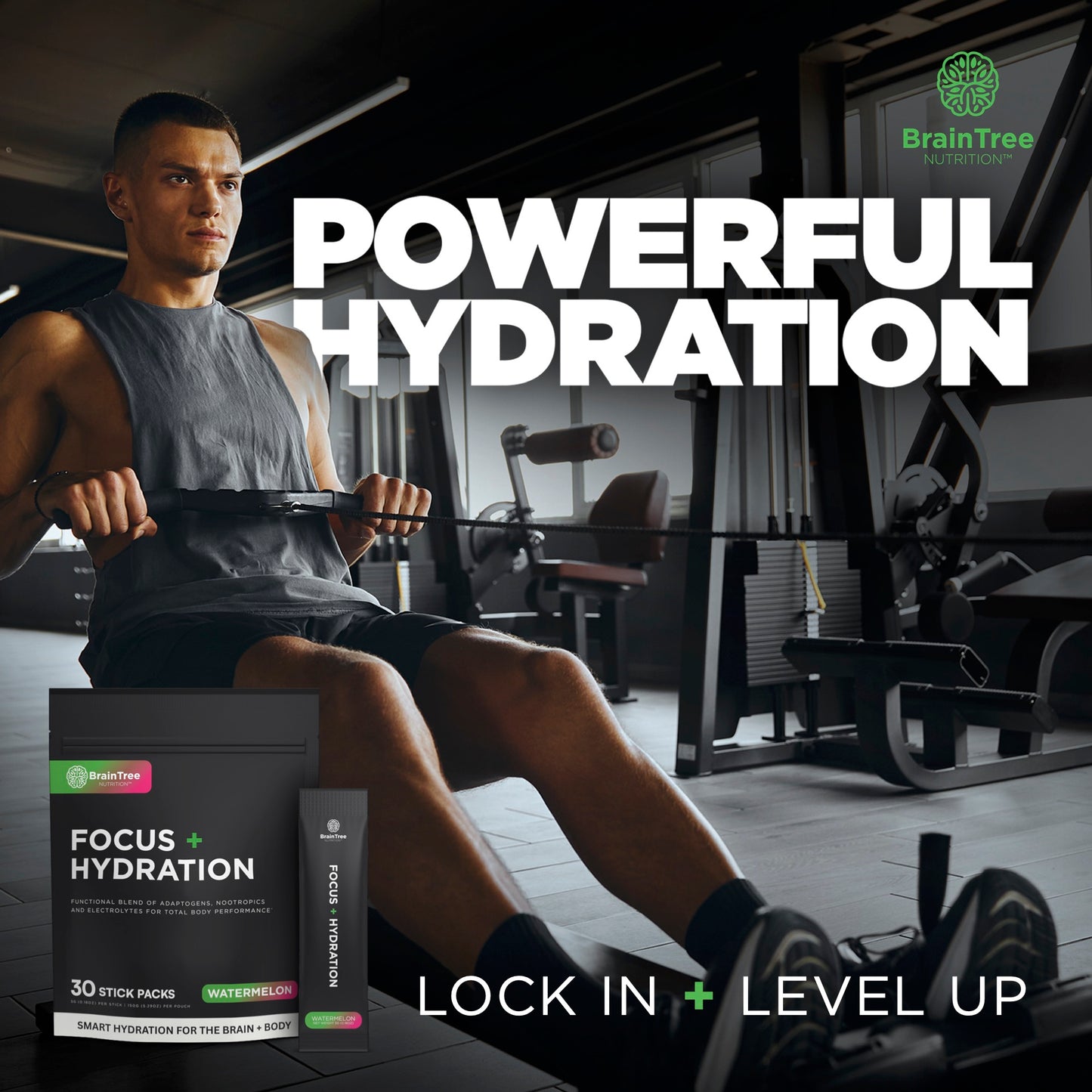 Man rowing during workout supported by watermelon nootropic electrolyte drink for focus and hydration.