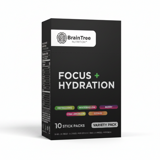Box of BrainTree Nutrition Focus + Hydration stick packs on a white background