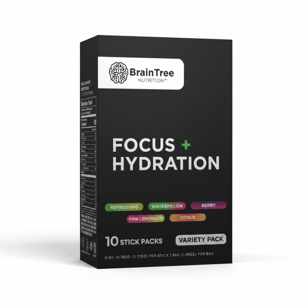 Box of BrainTree Nutrition Focus + Hydration stick packs on a white background