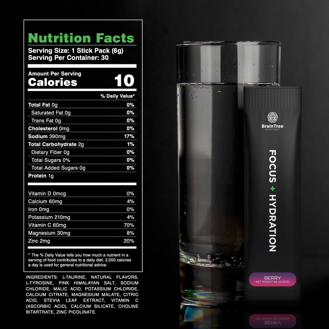 Berry nootropic hydration drink nutrition facts with electrolytes, vitamins, and amino acids.