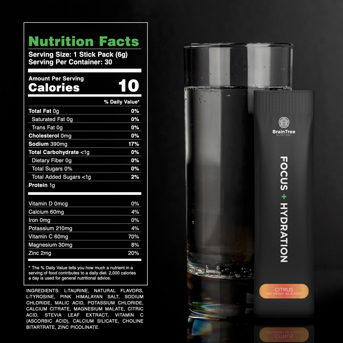 Citrus nootropic hydration drink nutrition facts with electrolytes and vitamins.