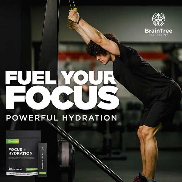 Athlete on ski erg using refreshing nootropic electrolyte drink for powerful hydration and cognitive performance.