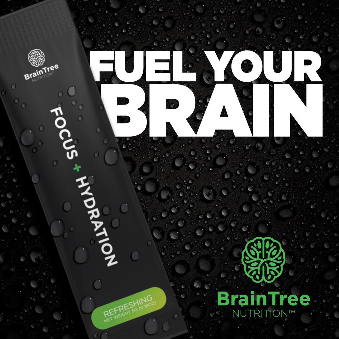 Refreshing focus and hydration stick pack with nootropics and electrolytes for brain performance.