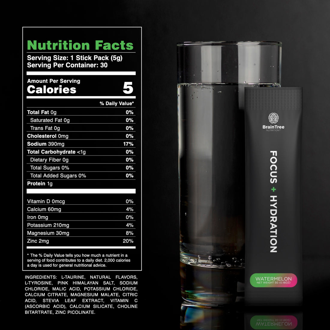 Watermelon nootropic hydration drink nutrition facts including electrolytes, amino acids, and vitamins.