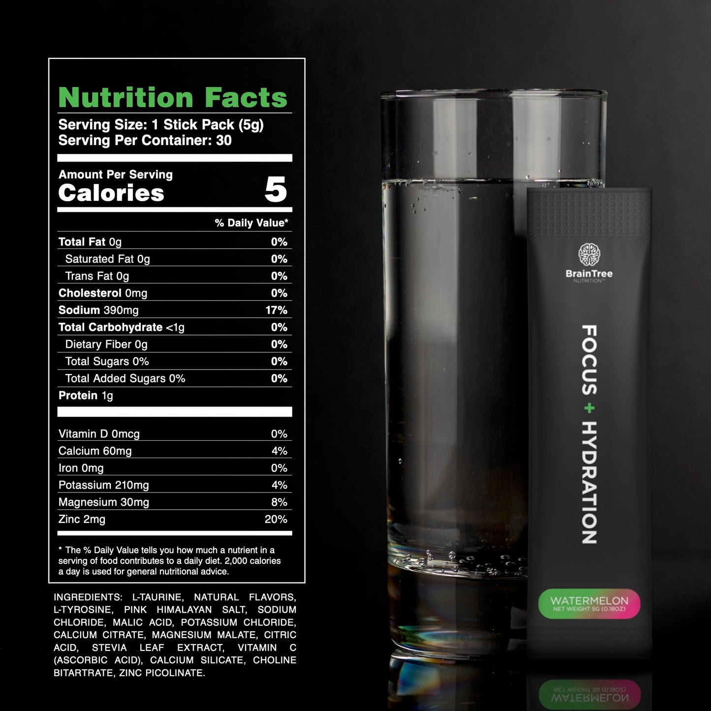 Watermelon nootropic hydration drink nutrition facts including electrolytes, amino acids, and vitamins.