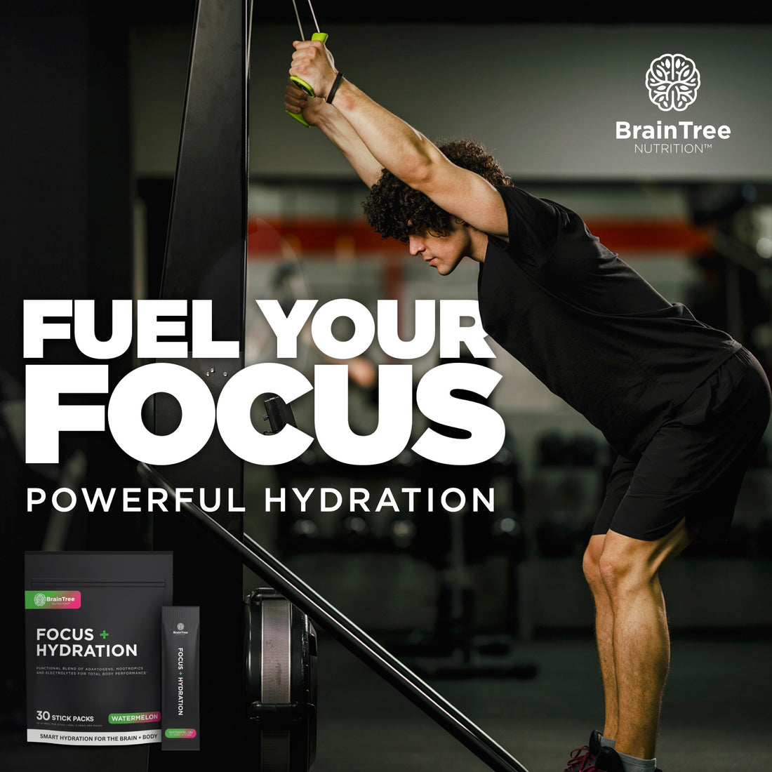 Athlete training on ski erg using watermelon nootropic electrolyte drink for powerful hydration and focus.