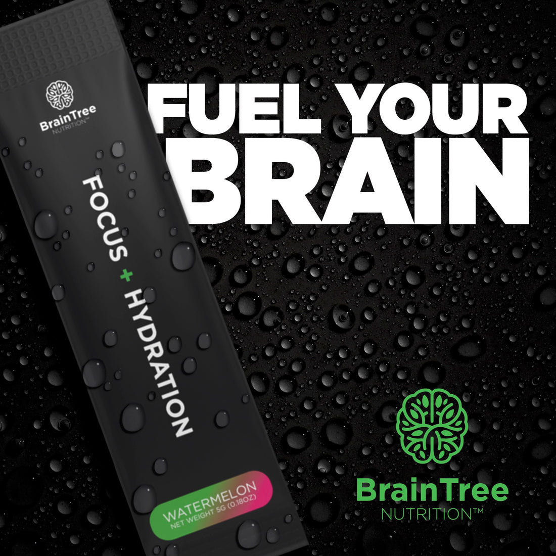 Watermelon focus and hydration stick pack with nootropics and electrolytes for brain support and performance.